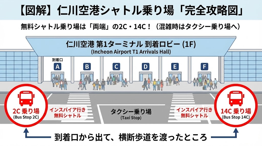 仁川空港第1ターミナル到着ロビーの無料シャトルバス乗り場マップ。両端の2Cと14C乗り場の位置と、混雑時のタクシー乗り場への動線を図解。