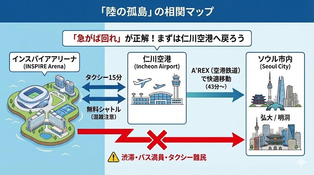 インスパイアアリーナと仁川空港・ソウル市内の位置関係図。直行は困難なため空港経由を推奨するマップ