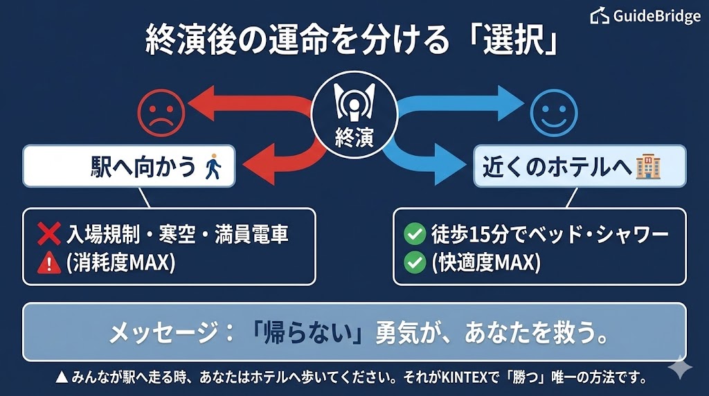 KINTEX公演終了後の行動フローチャート。駅へ向かうと入場規制に巻き込まれるが、近隣ホテルへ退避すれば快適に過ごせることを比較した図。