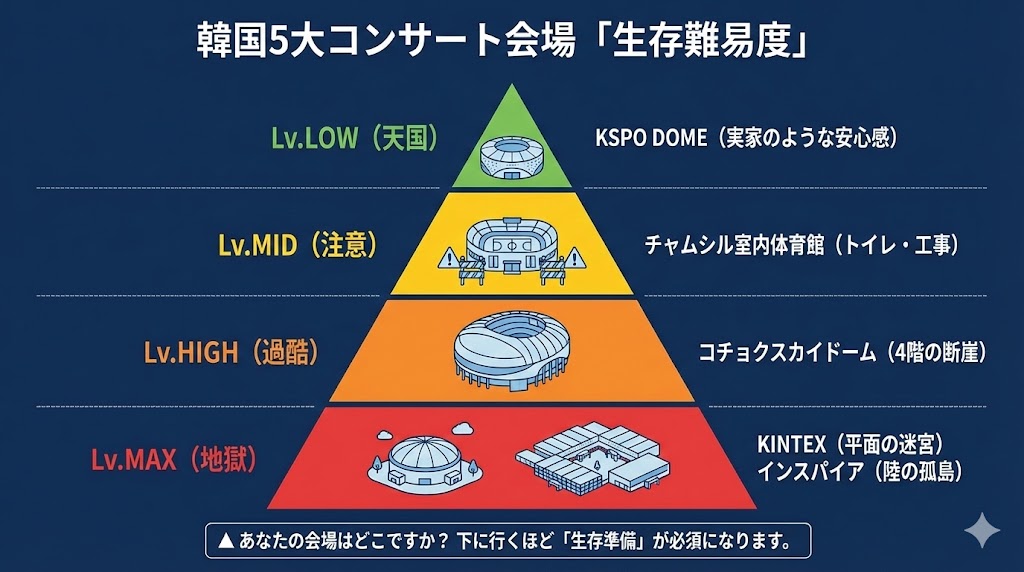 韓国コンサート会場の生存難易度ピラミッド。KSPOを天国、KINTEXとインスパイアを地獄と定義したランク付け図解。