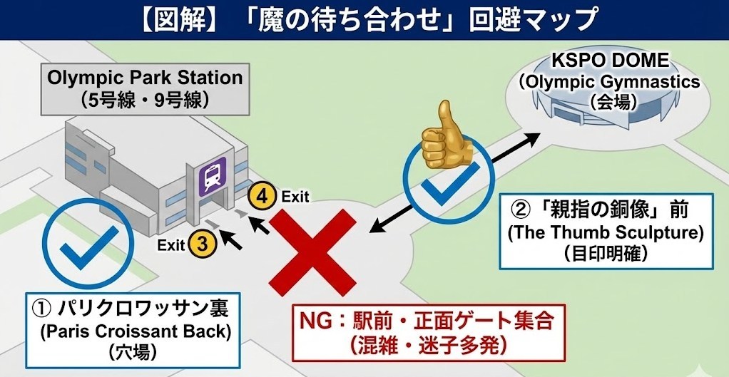 KSPOドーム(オリンピック公園)のアクセスと待ち合わせ場所マップ。駅前の混雑を避け、目印となる「親指の銅像」や「パリクロワッサン裏」で合流する位置関係図。
