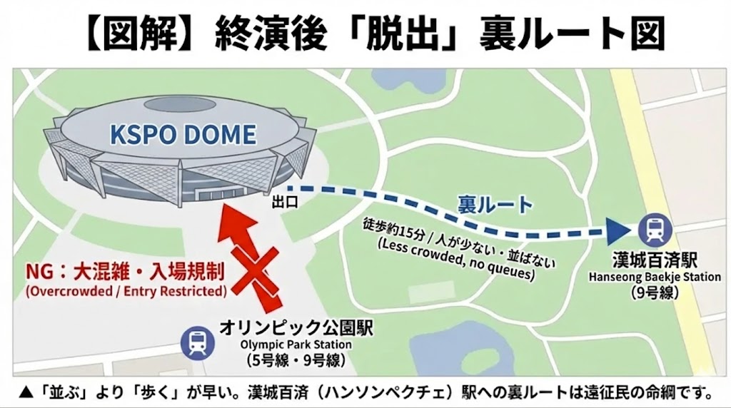KSPOドーム終演後の退場ルート図。混雑するオリンピック公園駅を避け、徒歩で漢城百済駅へ向かう裏ルートを示したマップ。