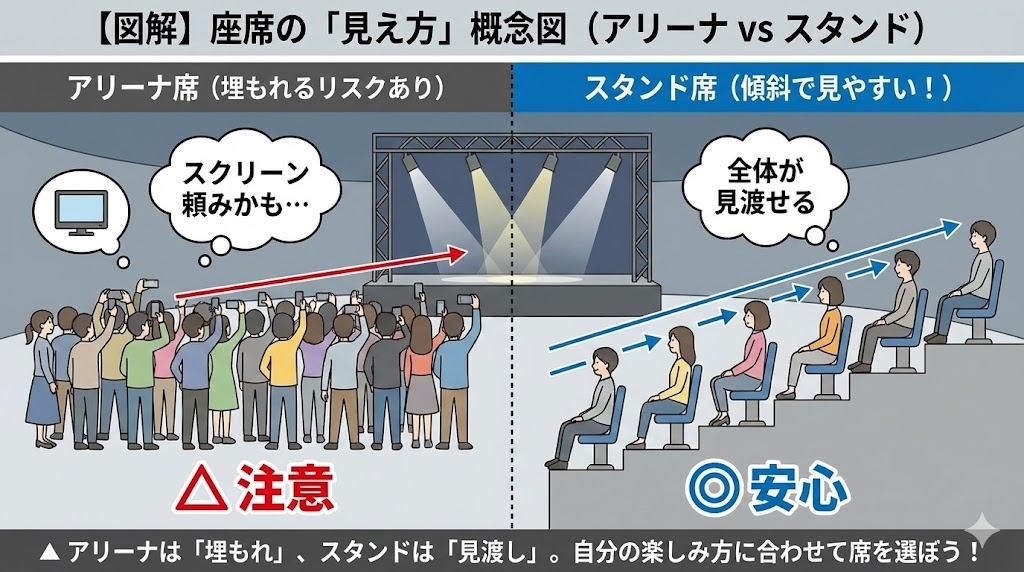 KSPOドームの座席別見え方の比較図解。アリーナ席は前の人の頭で埋もれやすいが、スタンド席は傾斜があり全体が見渡しやすいことを示すイラスト。
