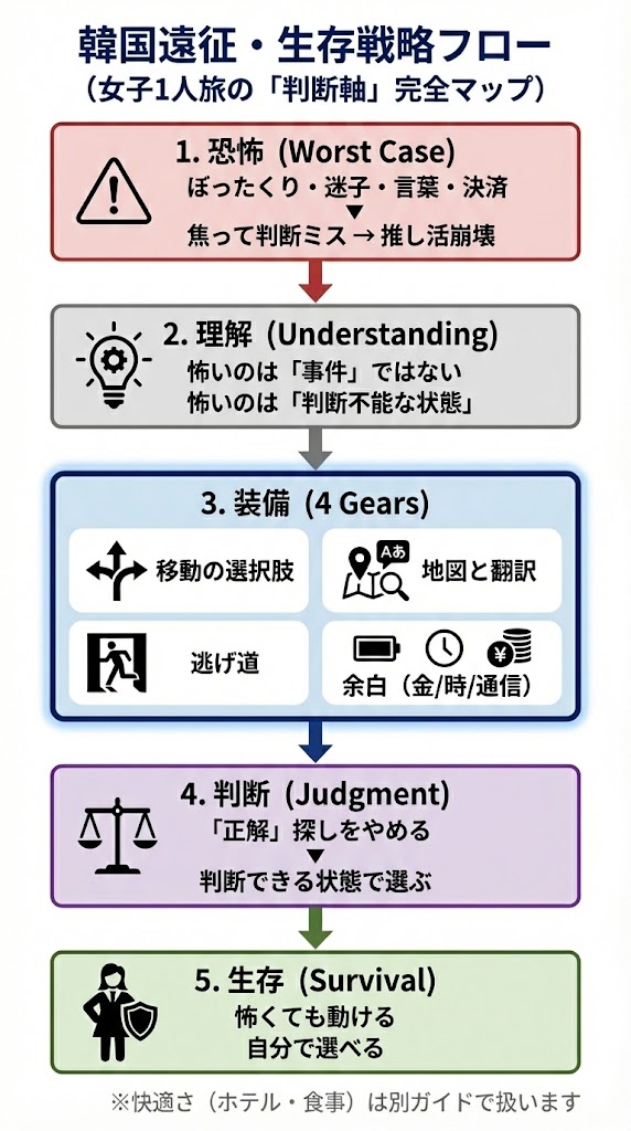 韓国遠征・女子1人の生存戦略フロー図。ぼったくりや迷子への恐怖を、移動・地図・逃げ道・余白の4つの装備で「判断可能な状態」に変えるプロセスを図解。