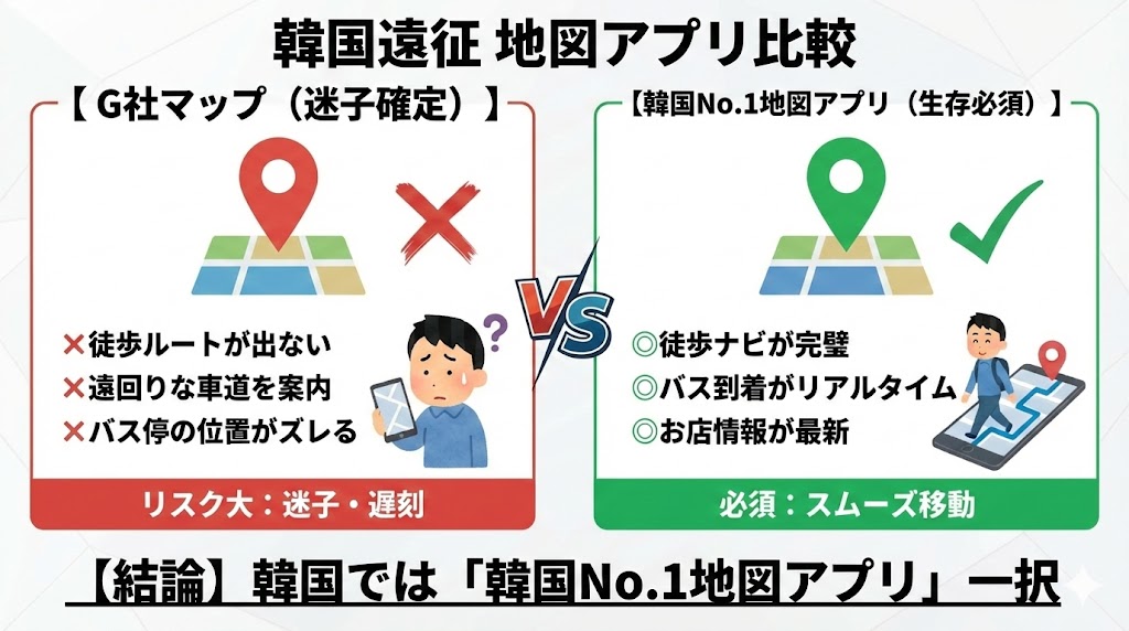 韓国でのGoogleマップとNAVERマップの機能比較図。徒歩ルート表示の有無など致命的な違いを解説。