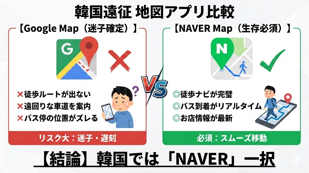 韓国でのGoogleマップとNAVERマップの機能比較図。徒歩ルート表示の有無など致命的な違いを解説。