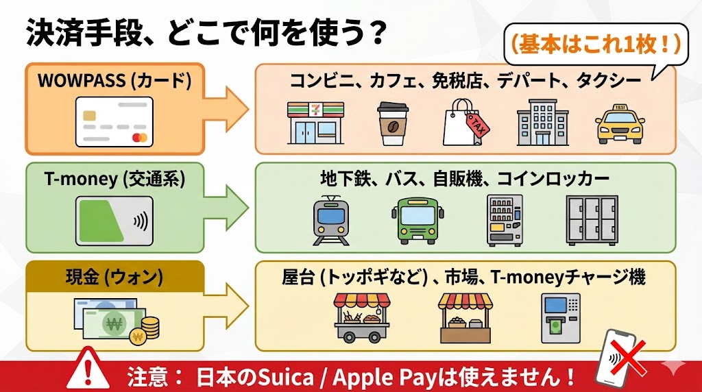 韓国旅行での決済手段（WOWPASS、T-money、現金）の使い分け早見表。屋台やチャージには現金が必要。