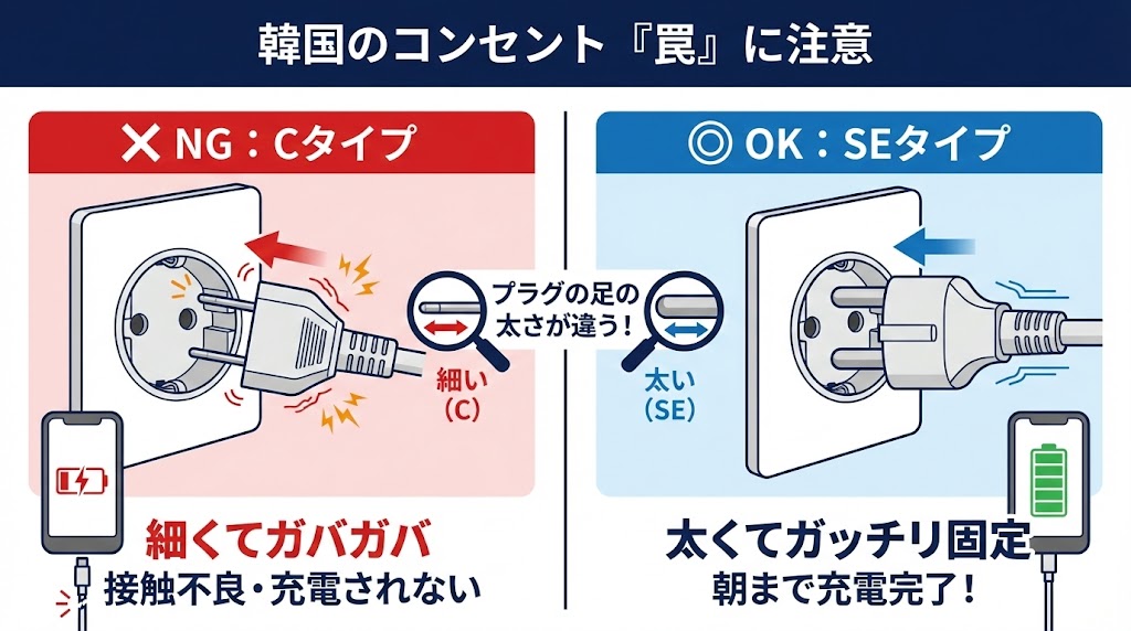 韓国のコンセント変換プラグCタイプとSEタイプの比較図解