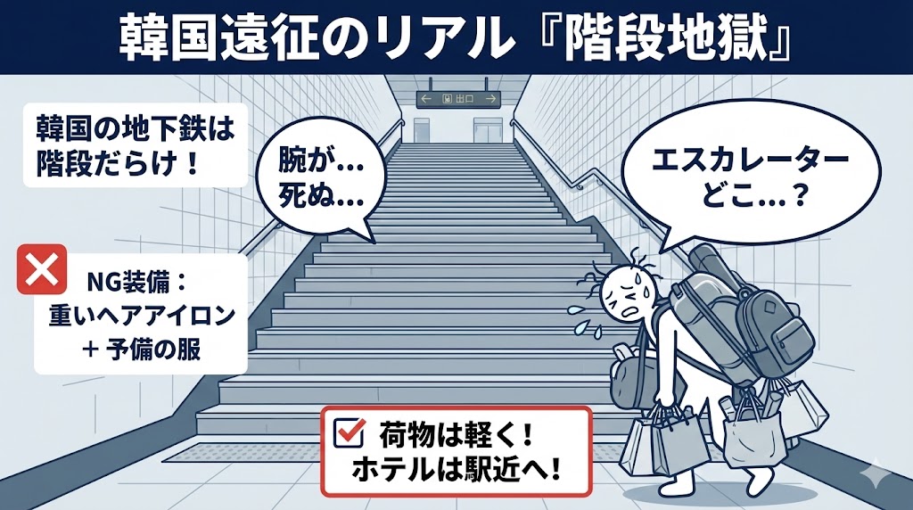 韓国の地下鉄の階段移動と重いスーツケースの苦労図解