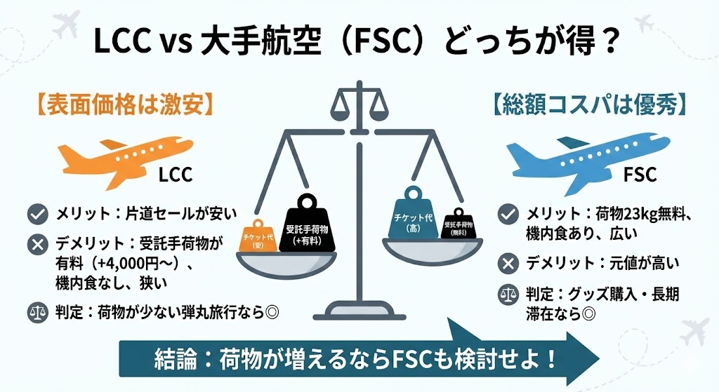 LCCと大手航空会社（FSC）のメリット・デメリット比較表