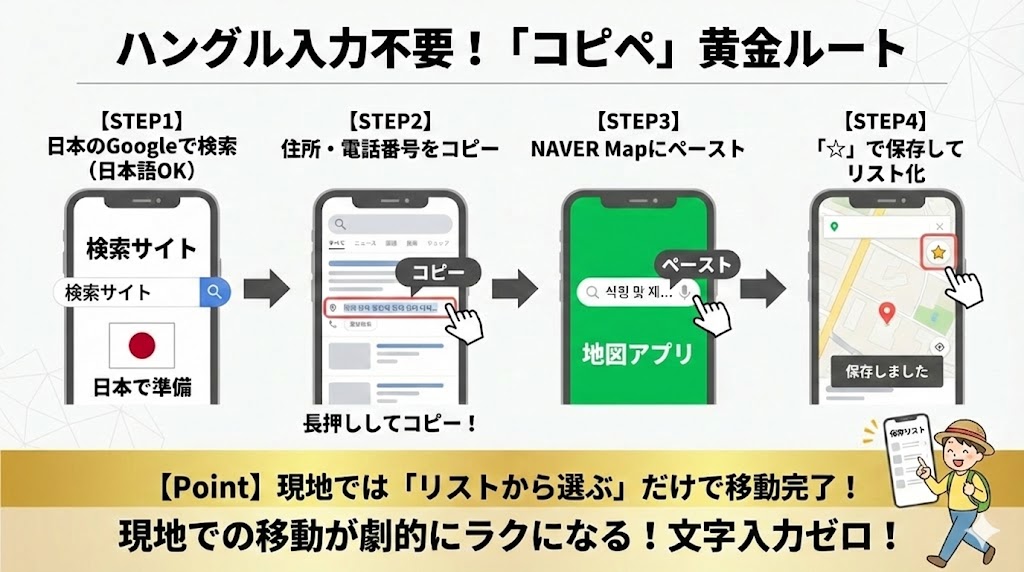 ハングルが読めなくてもNAVER Mapを使うための「コピペ検索」の手順図解。