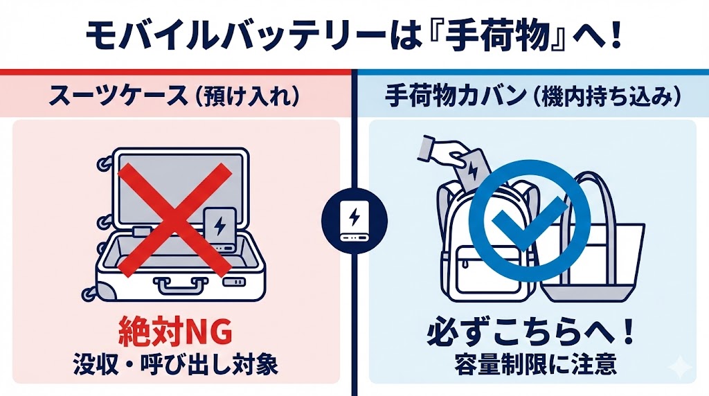 モバイルバッテリーの飛行機機内持ち込みルール図解