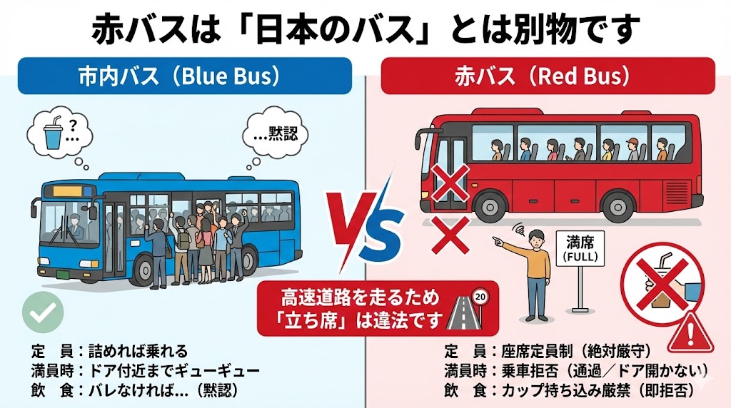 韓国の赤バスと市内バスのルール比較図。立ち席禁止と飲食持ち込み禁止の違い。