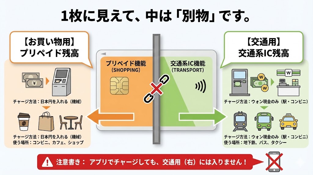 WOWPASSカードの仕組み図解。買い物用プリペイド残高とT-money交通系残高が分かれていることを示す構造図。