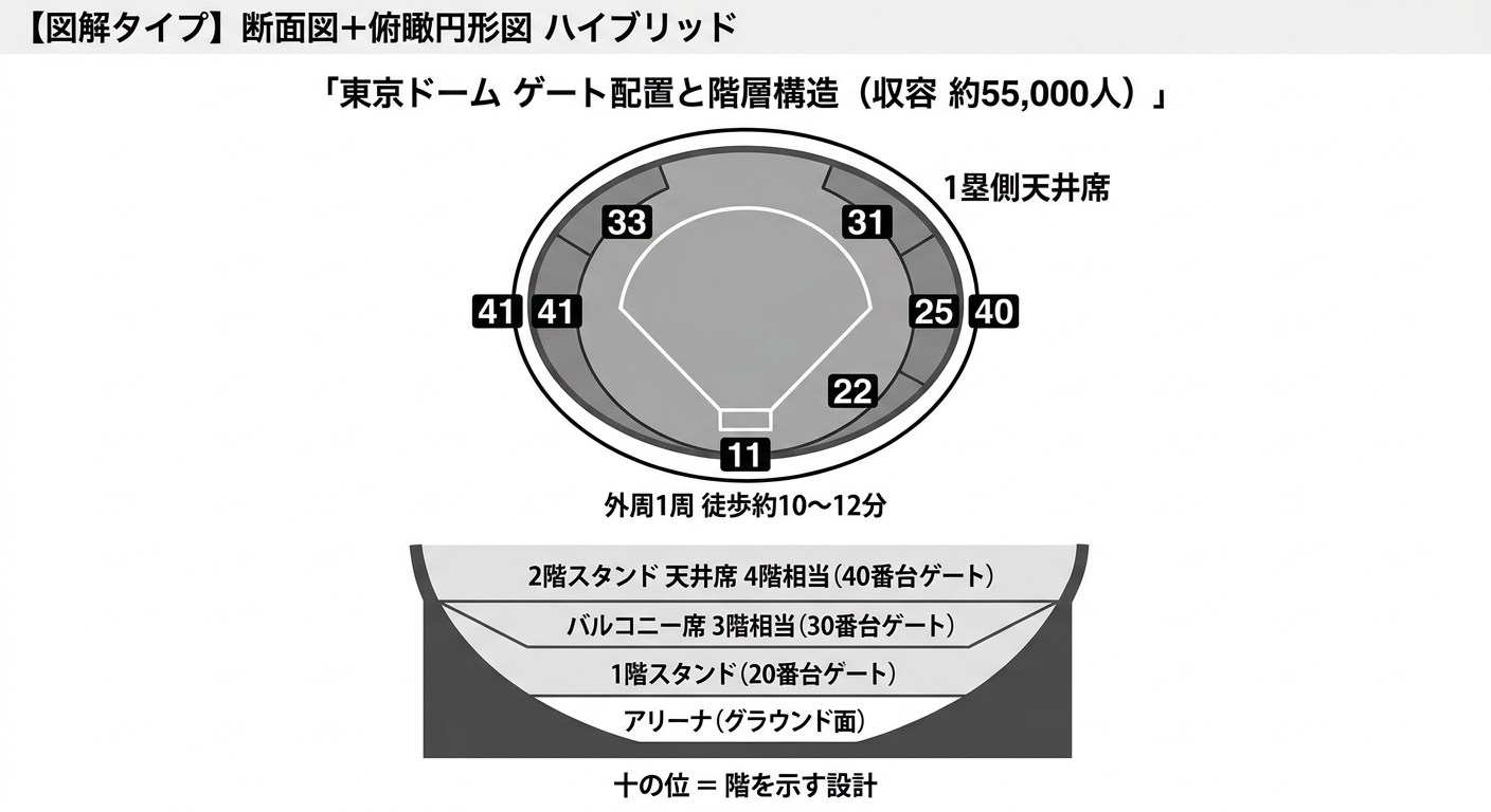 東京ドームのゲート配置と階層構造図。収容約55,000人・外周1周約10〜12分の円形俯瞰と、アリーナ・1階スタンド・バルコニー・2階スタンド天井席の4階層断面を組み合わせ、ゲート番号の十の位が階を示す設計を図解しています。