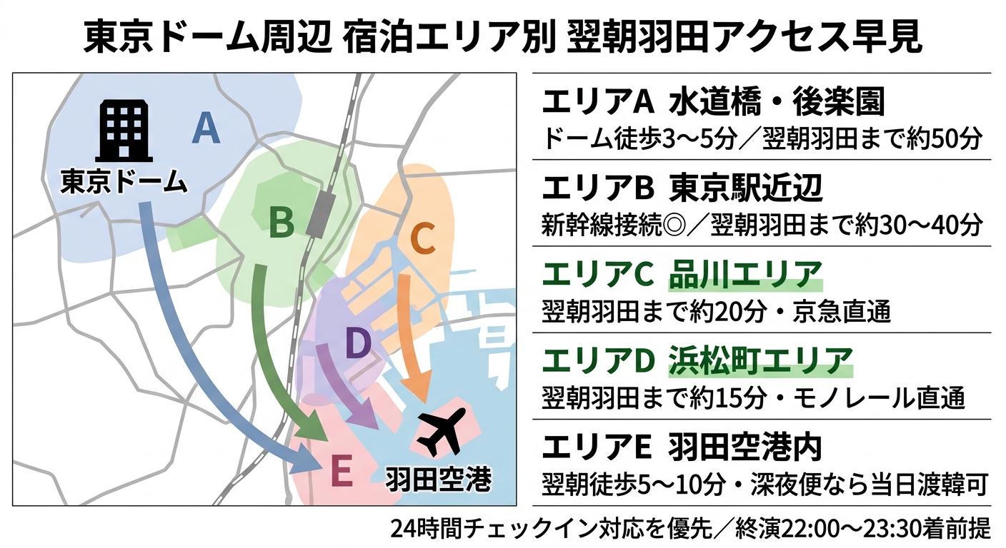 東京ドーム周辺の宿泊エリア別 翌朝羽田アクセス早見図。水道橋・後楽園徒歩圏は翌朝羽田まで約50分、品川エリアは約20分、浜松町エリアは約15分、羽田空港内は徒歩5〜10分という移動時間を、24時間チェックイン対応を前提に整理しています。