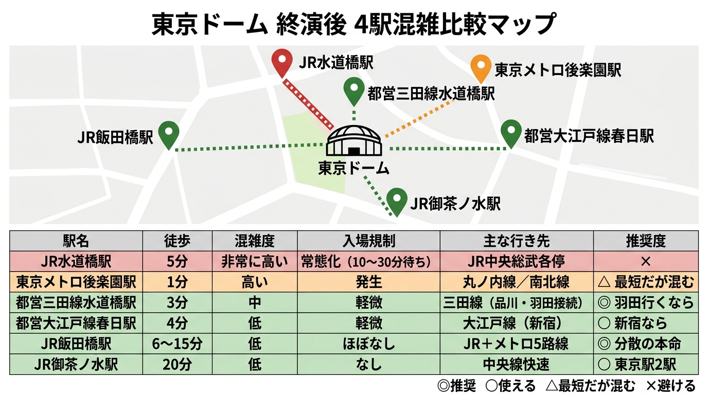 東京ドーム終演後の最寄り駅6駅比較マップ。JR水道橋は徒歩5分で入場規制常態化、後楽園は徒歩1分、都営三田線水道橋は徒歩3分、春日は徒歩4分、飯田橋は徒歩6〜15分、御茶ノ水は徒歩20分という分数と混雑度を一画面で比較しています。