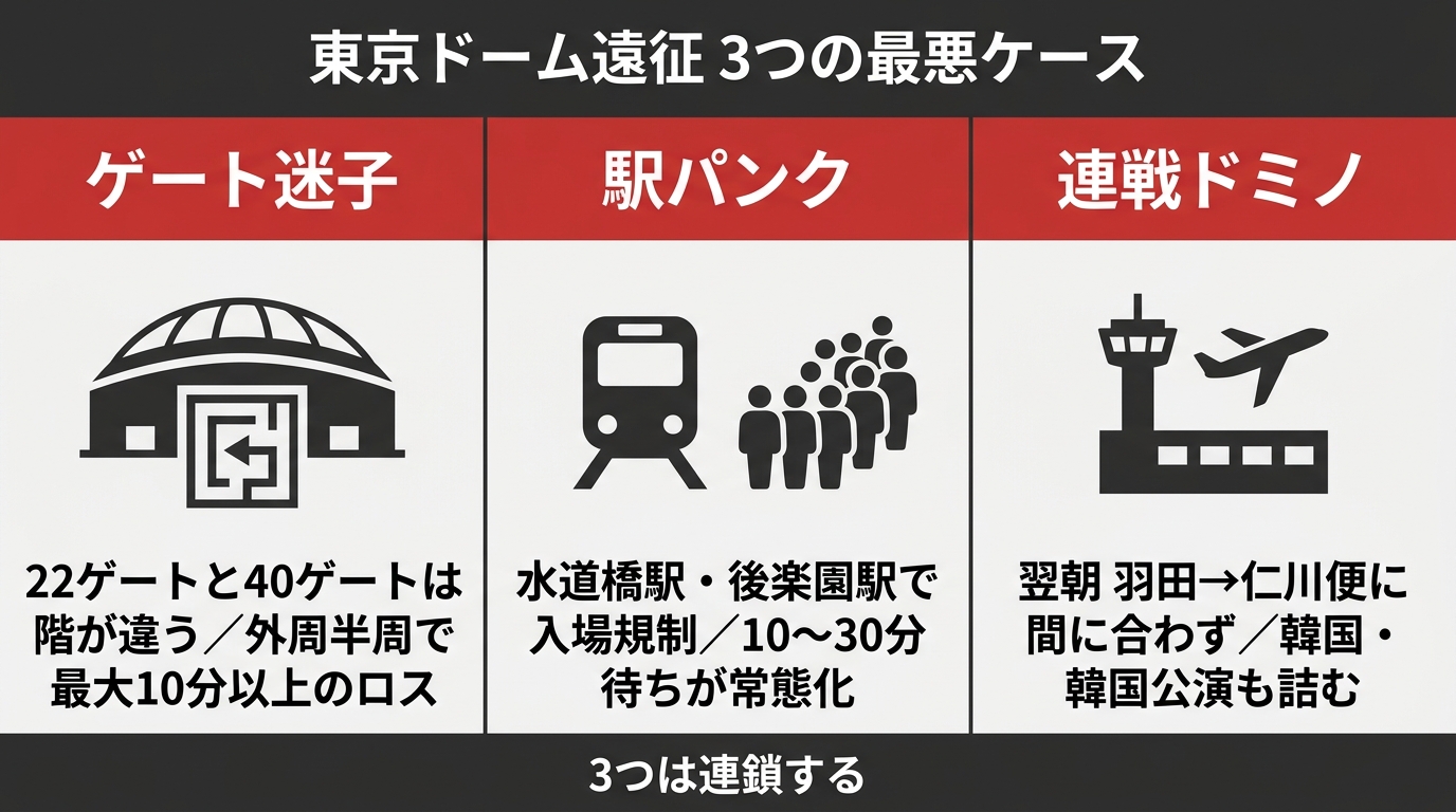 東京ドーム遠征の3つの詰みポイント模式図。22ゲートと40ゲートは階が違うゲート迷子、水道橋駅と後楽園駅の入場規制による駅パンク、翌朝 羽田→仁川の連戦ドミノという3つの最悪ケースを横並びで示しています。