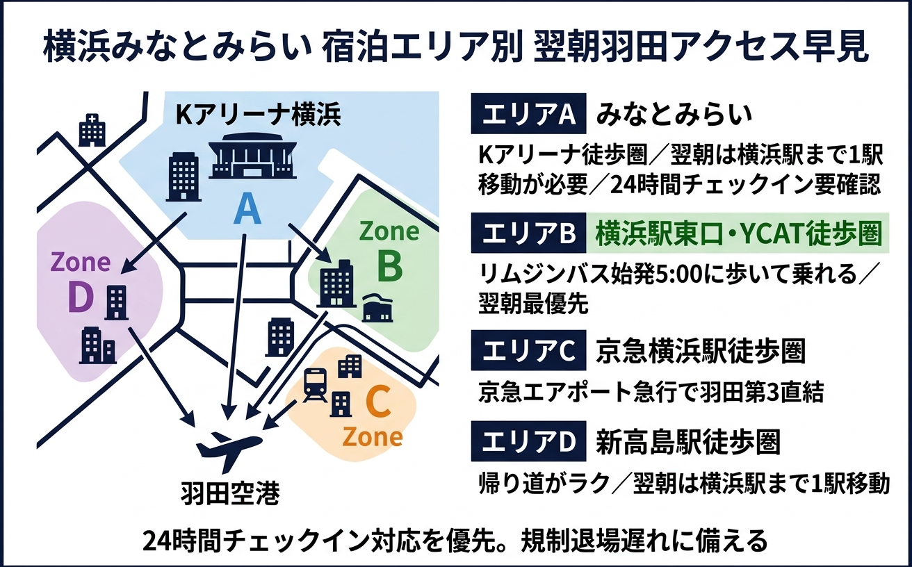 横浜みなとみらい宿泊エリア別の翌朝羽田アクセス早見図。4エリアの特徴比較