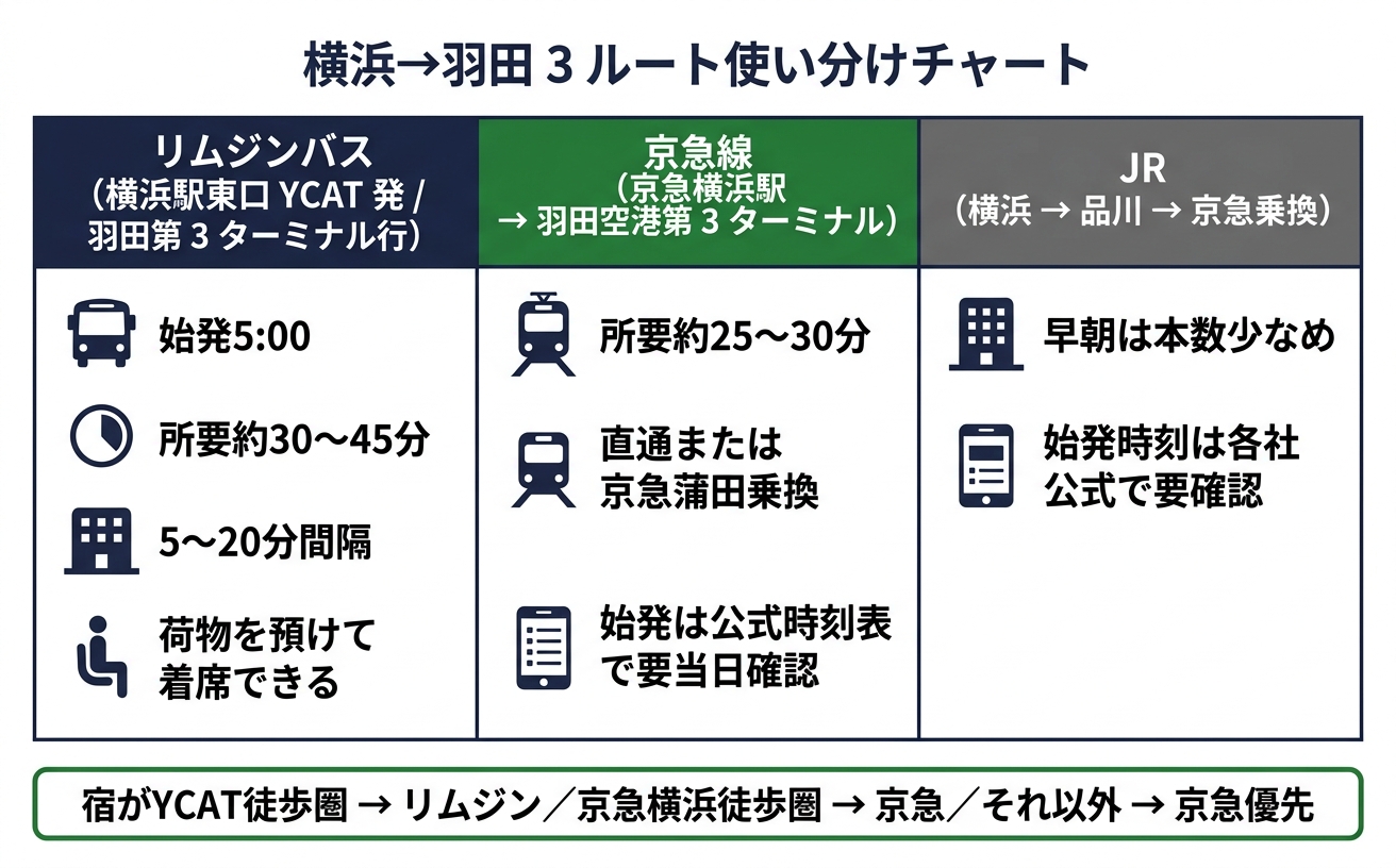 横浜から羽田空港への3ルート比較チャート。リムジンバス・京急線・JR経由の使い分け