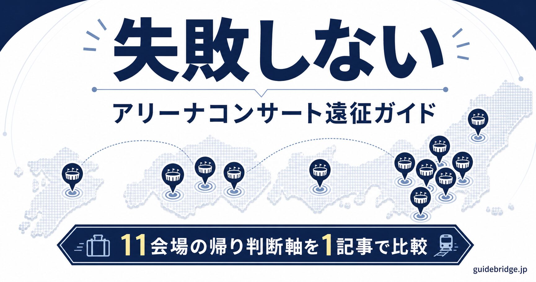 国内アリーナ11会場の帰り難易度を俯瞰するキービジュアル。Kアリーナ横浜の駅一極集中、神戸ワールドのポートライナー1本縛り、マリンメッセ福岡のバス2時間待ちなど、会場ごとに異なる詰みポイントを示しています。