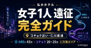 弘大ホテル遠征ガイドのアイキャッチ。弘大入口駅からKSPO・コチョク・仁川空港・金浦空港への経路と所要時間を図示。