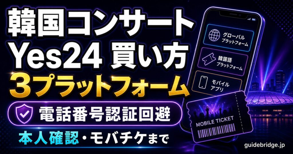 Yes24チケット買い方ガイドのアイキャッチ。Interpark(現NOL World)・Melonとの3プラットフォーム比較キービジュアル。