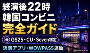 終演後22時の韓国コンビニ完全ガイドのアイキャッチ。GS25・CU・Seven-Elevenの3チェーン比較と決済アプリ実務がテーマ。