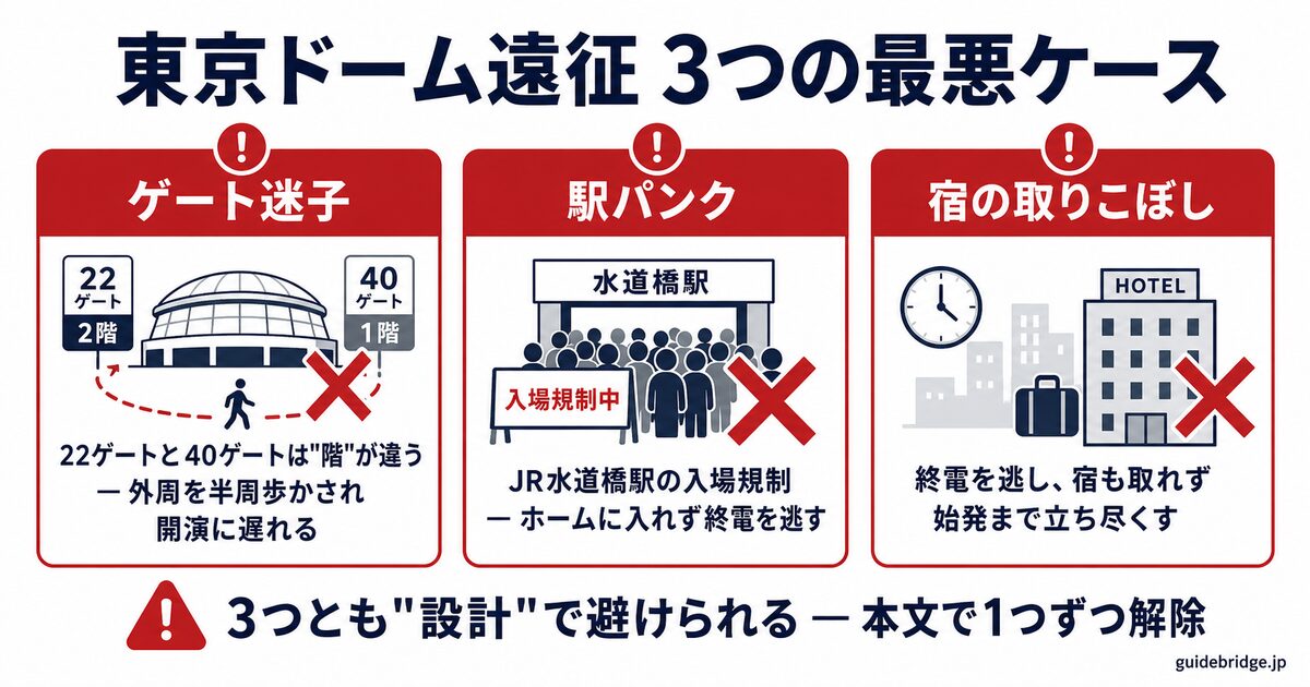 東京ドーム遠征の3つの詰みポイント模式図。22ゲートと40ゲートは階が違うゲート迷子、水道橋駅と後楽園駅の入場規制による駅パンク、終電逃しからの宿なしという3つの最悪ケースを横並びで示しています。