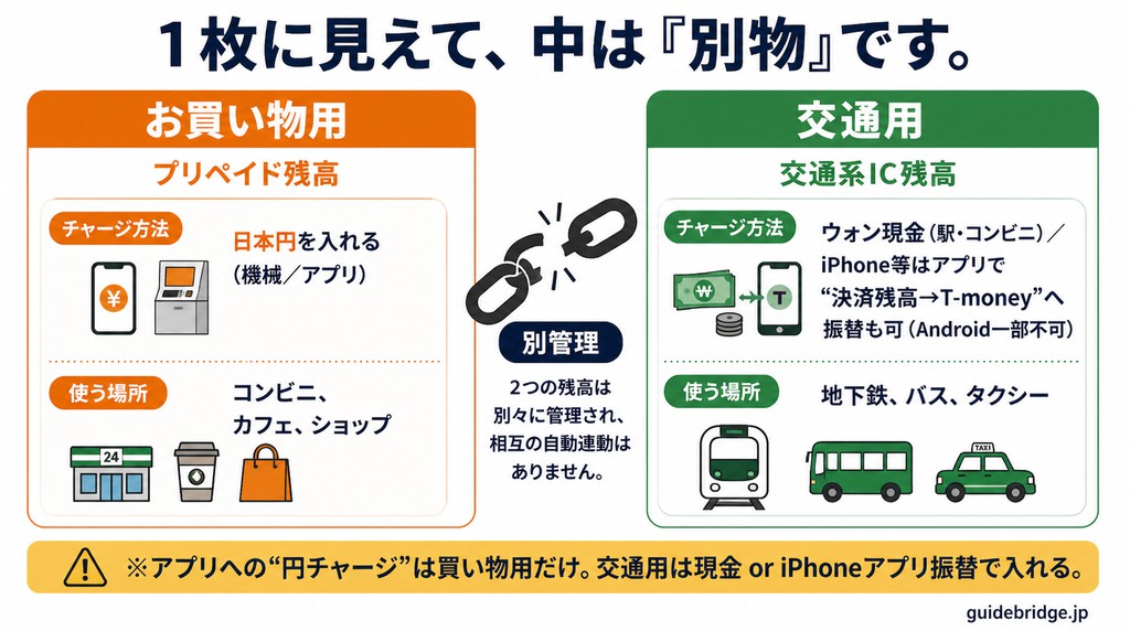 WOWPASSの買い物用プリペイド残高とT-money交通用残高が別物であることを示す構造図。交通用は現金チャージに加え、iPhone等NFC端末ではアプリで決済残高からT-moneyへ振替できる。