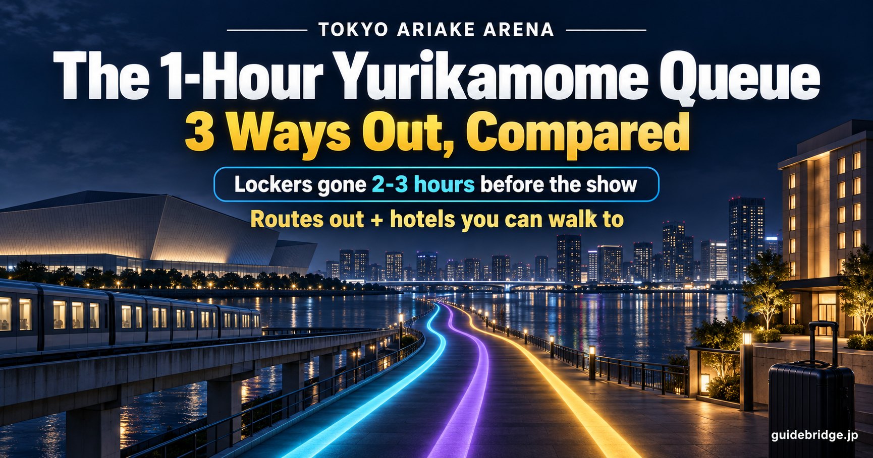 TOKYO ARIAKE ARENA: the 1-hour Yurikamome queue and 3 ways out, compared. Lockers are gone 2-3 hours before the show; routes out and hotels you can walk to.