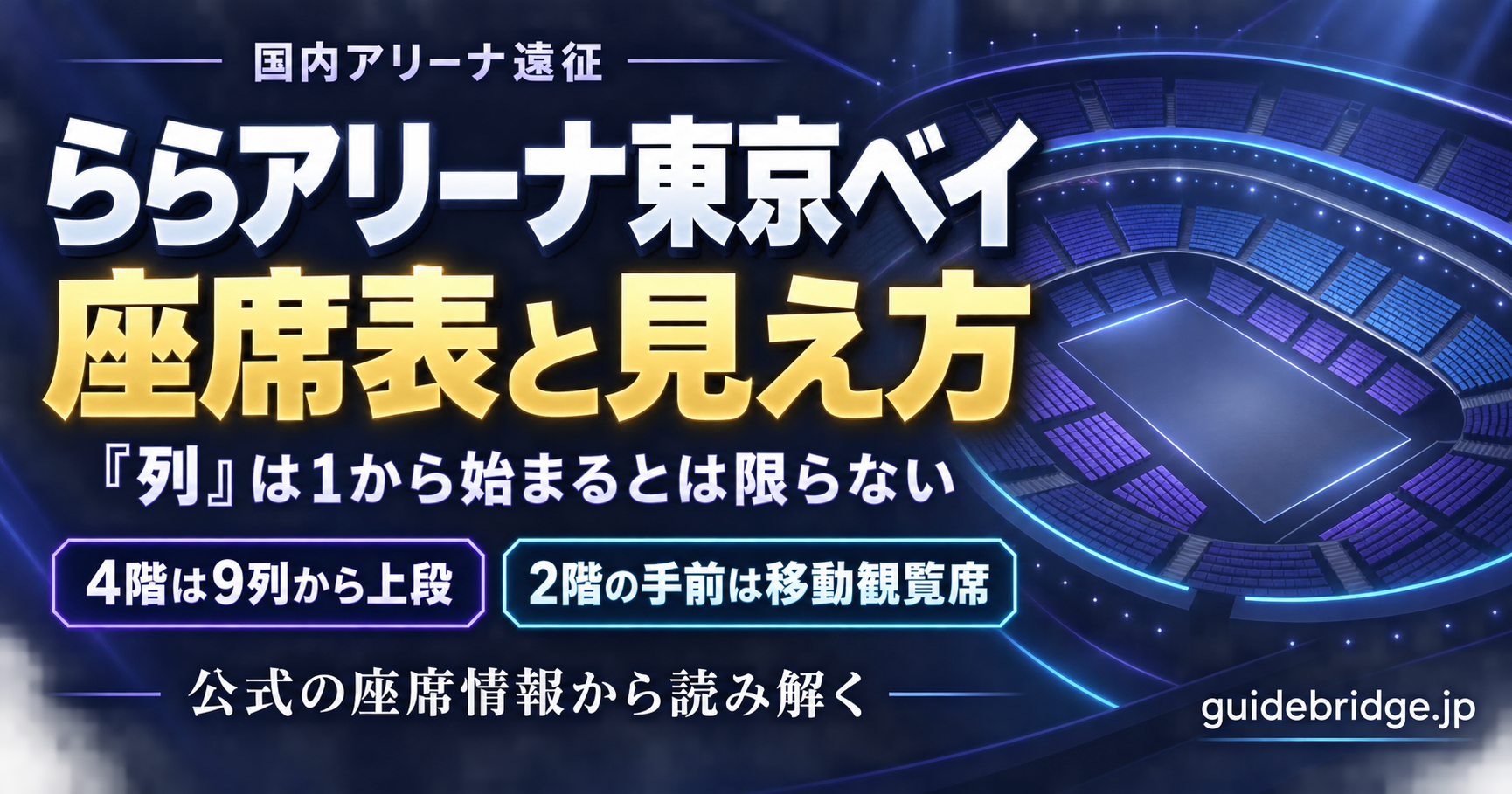 ららアリーナ東京ベイの座席表と見え方。「列」は1から始まるとは限らず、4階は9列から上段になる
