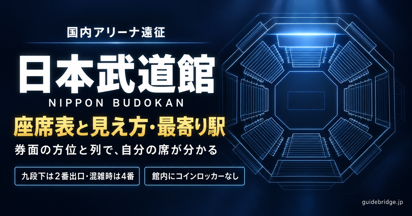 日本武道館の座席表と見え方・最寄り駅。券面の方位と列で自分の席が分かる。九段下は2番出口、混雑時は4番出口。館内にコインロッカーはない