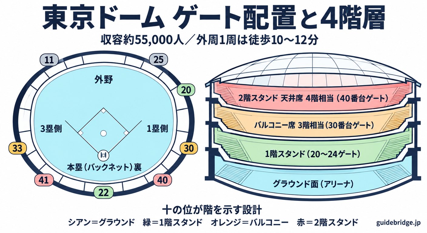 東京ドームのゲート配置と4階層の図。本塁（バックネット）裏の22ゲート、1塁側の20・30・40ゲート、3塁側の33・41ゲート、外野の11・25ゲートの位置と、グラウンド面・1階スタンド（20〜24ゲート）・バルコニー席（30番台）・2階スタンド天井席（40番台）の断面を示しています。