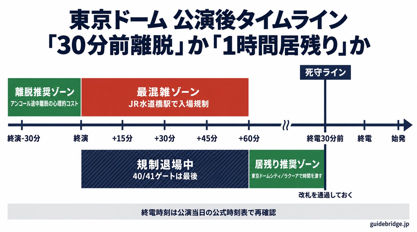 東京ドームの公演後タイムライン帯グラフ。終演30分前の離脱推奨ゾーン、終演直後の最混雑ゾーン、40/41ゲートは最後になる規制退場中ゾーン、終演60分後の居残り推奨ゾーン、終電30分前の死守ラインを帯で示しています。