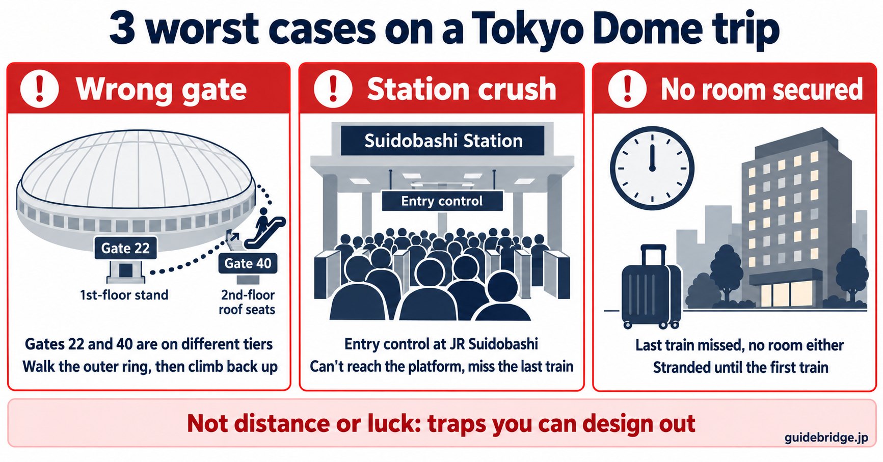 Diagram of the three worst cases on a Tokyo Dome trip: the wrong gate, because Gate 22 (1st-floor stand) and Gate 40 (2nd-floor roof seats) are on different tiers, so you walk the outer ring and climb back up; the station crush, with entry control at JR Suidobashi keeping you off the platform; and no room secured, leaving you stranded until the first train.