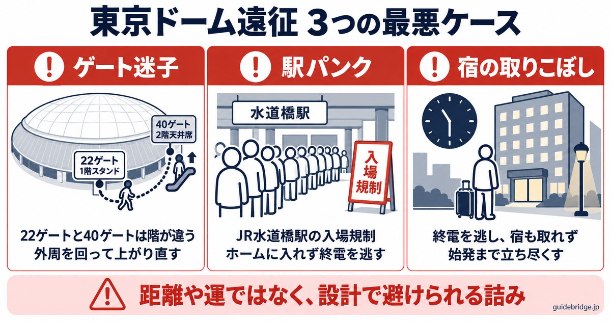 東京ドーム遠征の3つの詰みポイント模式図。22ゲート（1階スタンド）と40ゲート（2階天井席）は階が違うゲート迷子、JR水道橋駅の入場規制による駅パンク、終電を逃して宿も取れない宿の取りこぼしという3つの最悪ケースを横並びで示しています。