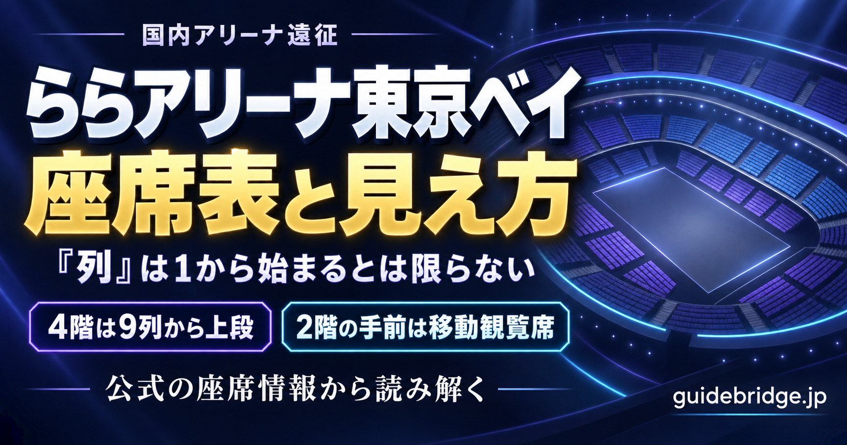 ららアリーナ東京ベイの座席表と見え方。「列」は1から始まるとは限らず、4階は9列から上段になる