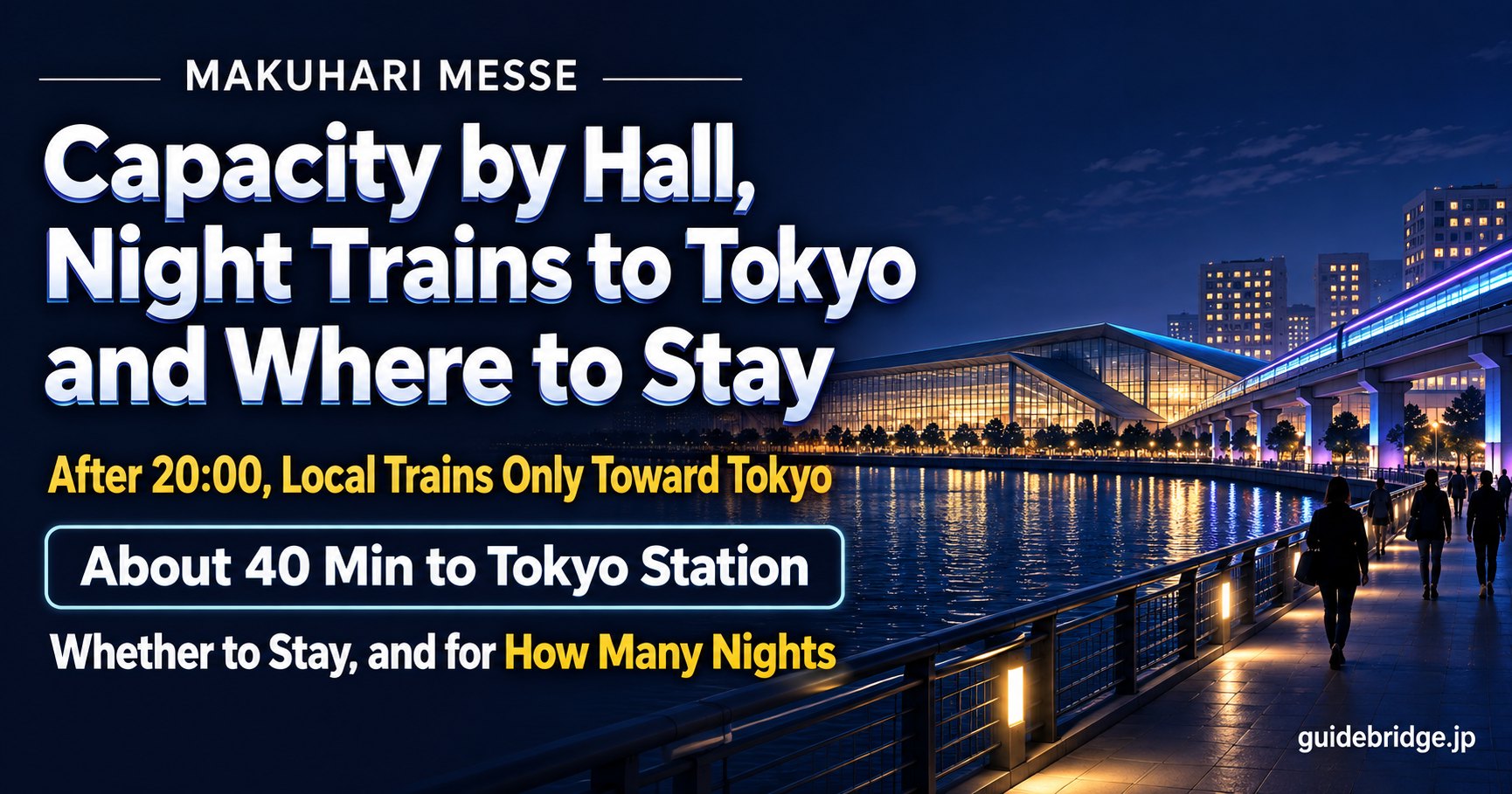 Makuhari Messe: capacity by hall, night trains to Tokyo and where to stay. After 20:00, only local trains run toward Tokyo, about 40 min to Tokyo Station; decide whether to stay, and for how many nights.